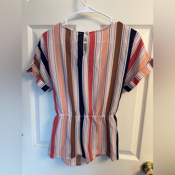 Monteau Striped Tie Front Blouse Womens Large Keyhole Back Short Sleeve Top - Picture 3 of 12